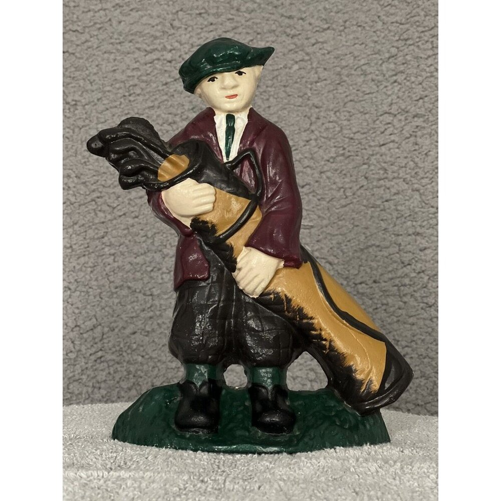 Hubley Golfer Clubs Cast Iron Door Stop Original Paint 1920s - 30s 8.5" Antique